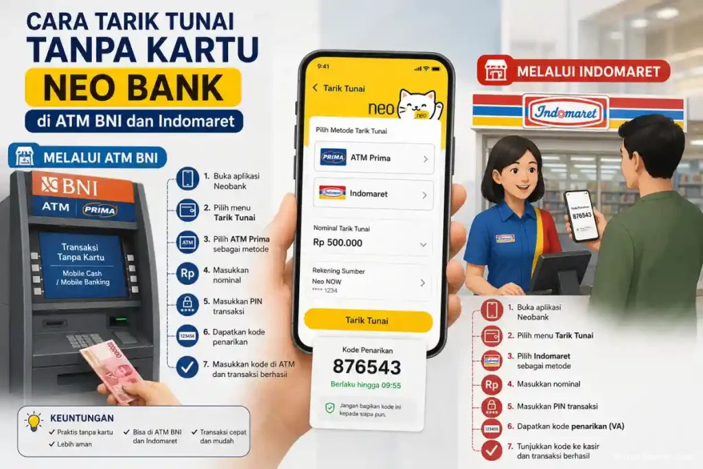 Cara Tarik Tunai Tanpa Kartu Neo Bank di ATM BNI dan Indomaret