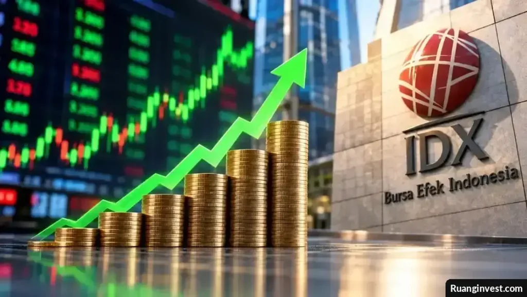 Ilustrasi pergerakan saham di Bursa Efek Indonesia dengan grafik harga saham yang menguat.