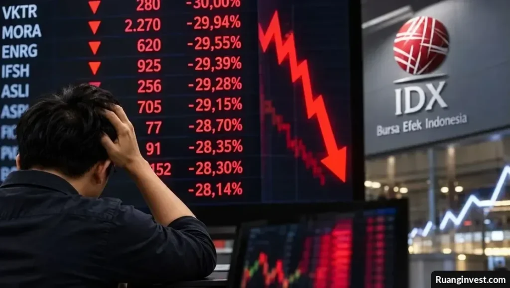 Ilustrasi layar perdagangan saham dengan grafik merah menurun dan daftar saham yang mengalami koreksi tajam.