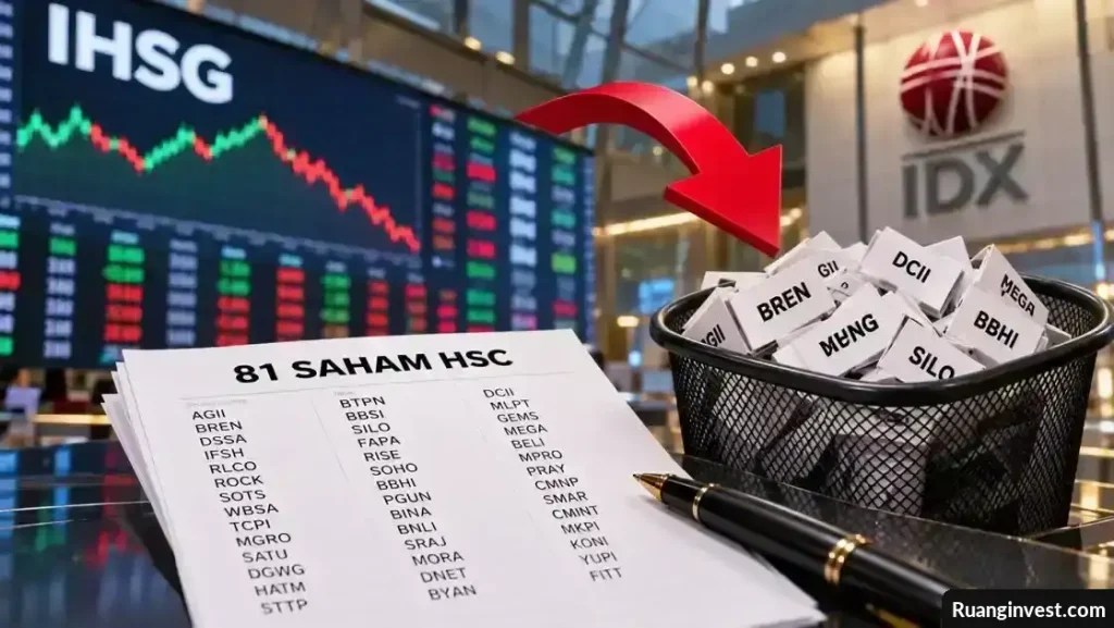 Ilustrasi papan IHSG menurun dengan dokumen daftar saham HSC di depan gedung bursa.