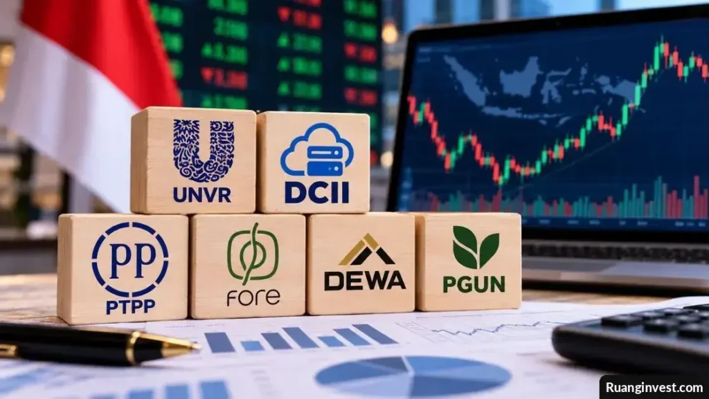 Ilustrasi laporan keuangan perusahaan dengan grafik saham dan dokumen kinerja emiten di Bursa Efek Indonesia.