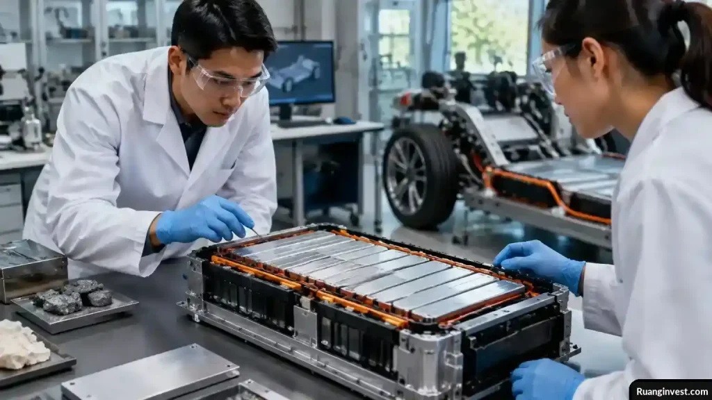 Peneliti mengamati modul baterai solid-state di meja laboratorium