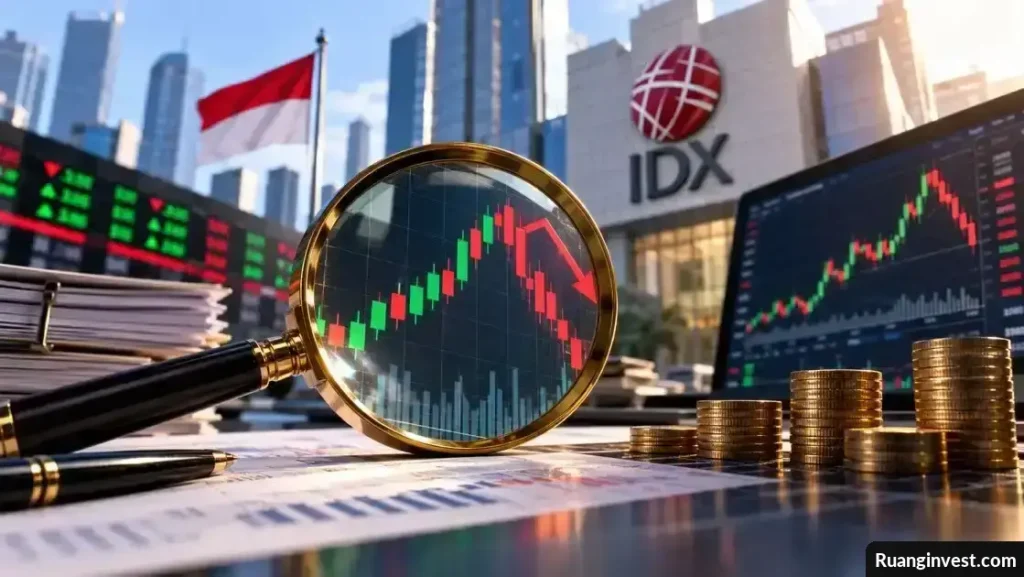 Ilustrasi grafik saham bergejolak dengan layar perdagangan dan kaca pembesar