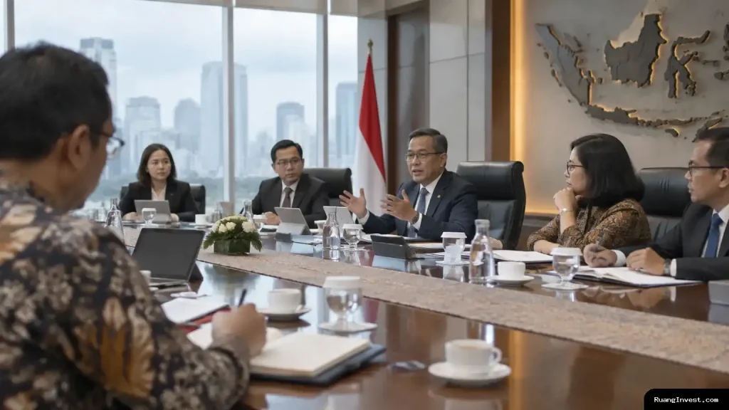 Peserta rapat kebijakan perbankan berdiskusi di meja konferensi dengan berkas dan laptop.