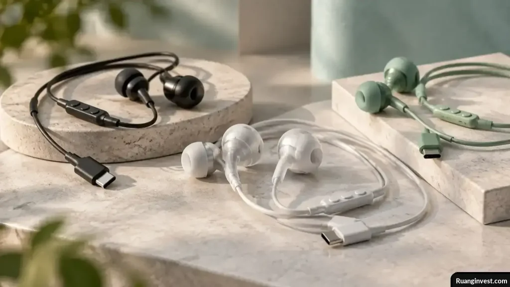 Earphone kabel dengan pengendali inline dan konektor USB-C dalam tiga pilihan warna
