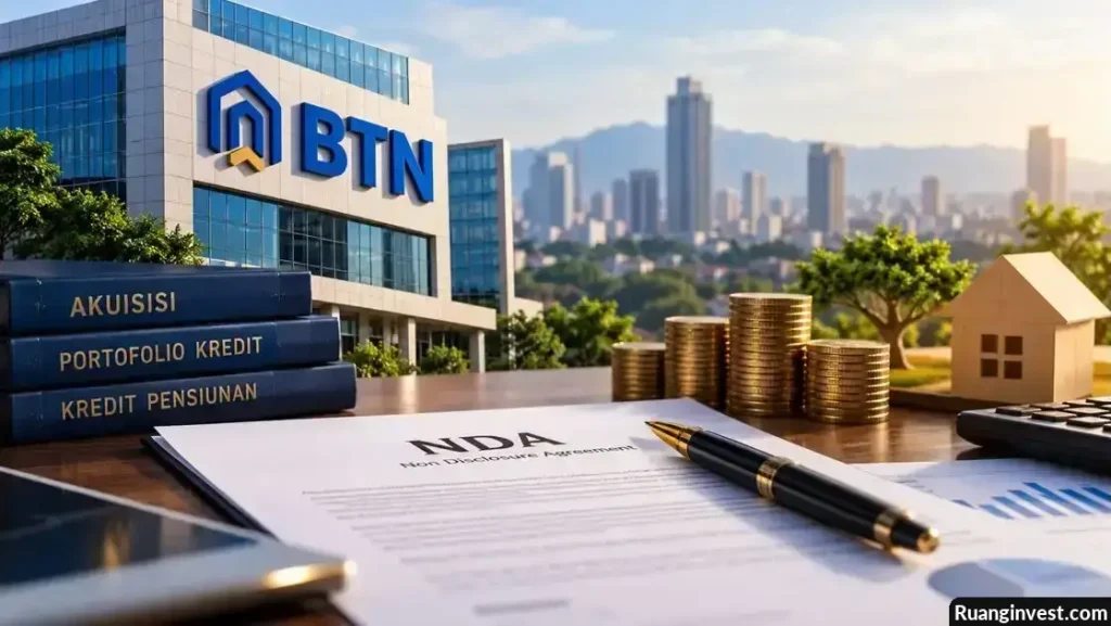 Gedung BTN dengan dokumen NDA, tumpukan koin, dan miniatur rumah sebagai ilustrasi akuisisi kredit pensiunan.