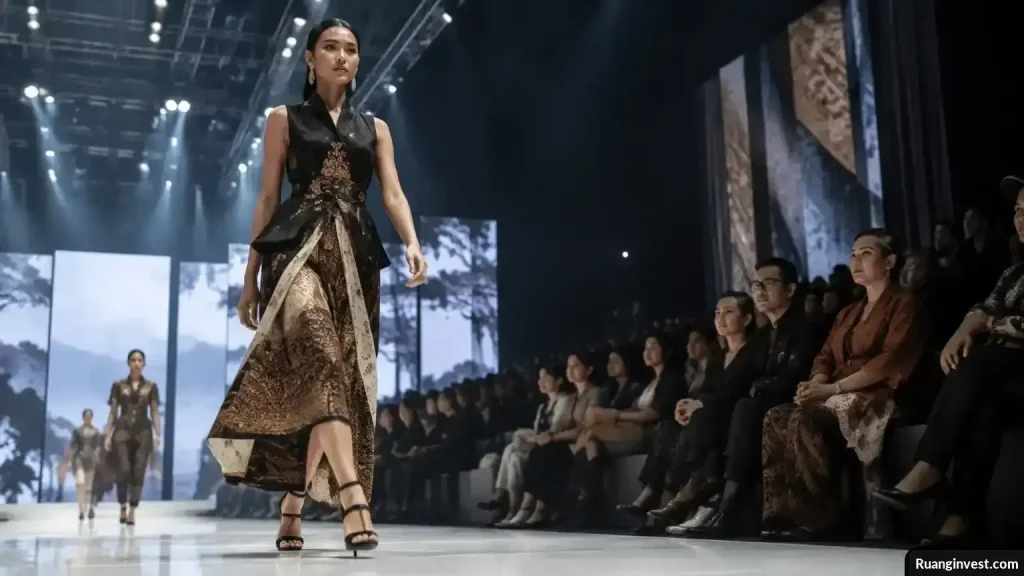 Model memperagakan busana Indonesia di runway, disaksikan desainer dan pelaku UMKM.