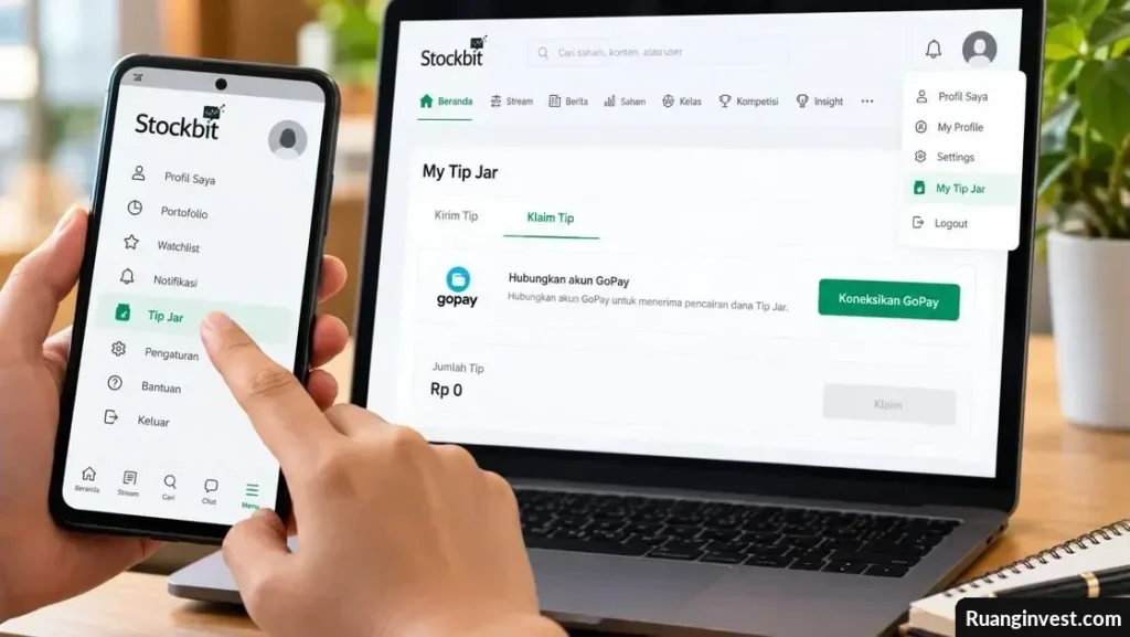 Ilustrasi pengguna mengakses fitur Tip Jar Stockbit melalui ponsel dan laptop untuk menghubungkan GoPay serta mencairkan dana.