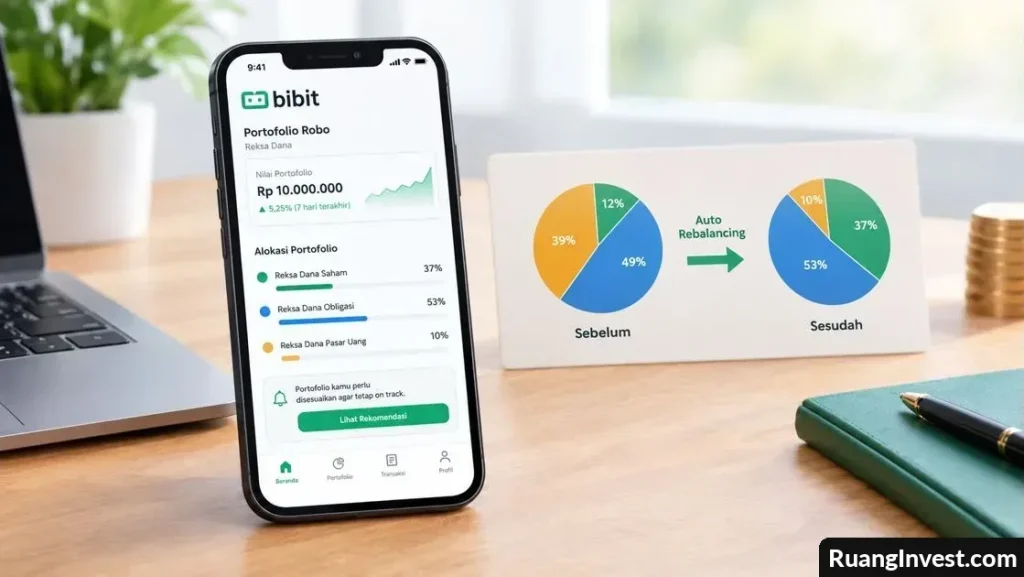 Smartphone dengan tampilan portofolio Robo Bibit dan diagram penyesuaian alokasi reksa dana.