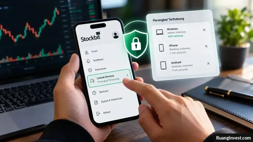 Ilustrasi keamanan akun Stockbit dengan beberapa perangkat yang terhubung dan pemeriksaan akses login.