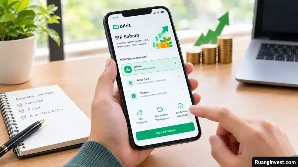 Tangan mengatur jadwal pembelian saham otomatis melalui aplikasi Bibit dengan ilustrasi pertumbuhan investasi dan tumpukan koin.