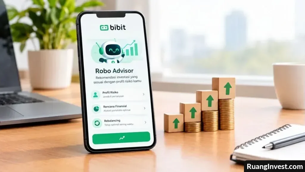 Smartphone menampilkan fitur Robo Advisor Bibit dengan ilustrasi grafik investasi dan tumpukan koin.