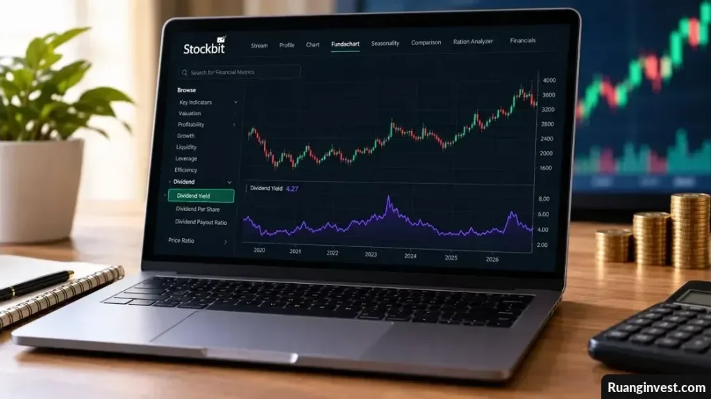 Laptop menampilkan grafik histori Dividend Yield berwarna ungu pada fitur Fundachart untuk analisis saham.