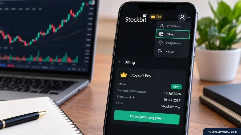 Ilustrasi layar ponsel dengan menu Billing dan informasi masa berlangganan Stockbit Pro