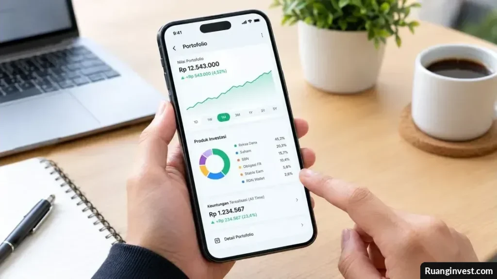 Tampilan grafik pertumbuhan investasi, alokasi produk, dan keuntungan portofolio pada layar ponsel.