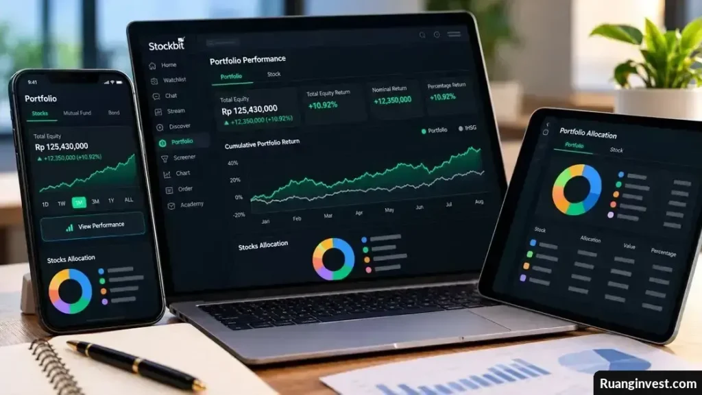 Dashboard Portfolio Performance Stockbit dengan grafik return investasi dan alokasi saham di laptop, ponsel, dan tablet.