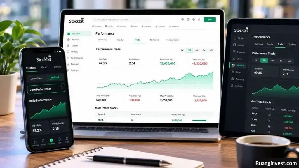 Laptop dan ponsel menampilkan grafik Trade Performance, win rate, serta profit factor untuk evaluasi trading saham.