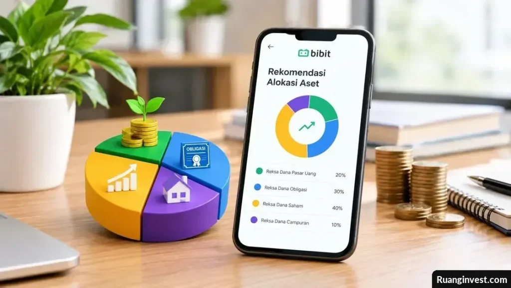 Ponsel dengan ilustrasi rekomendasi alokasi aset Bibit dan diagram pembagian investasi