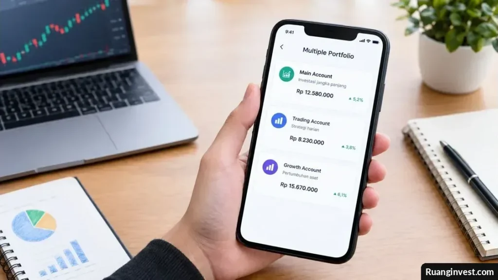 Tangan memegang ponsel yang menampilkan beberapa akun portofolio investasi dengan grafik saham dan catatan keuangan di meja.