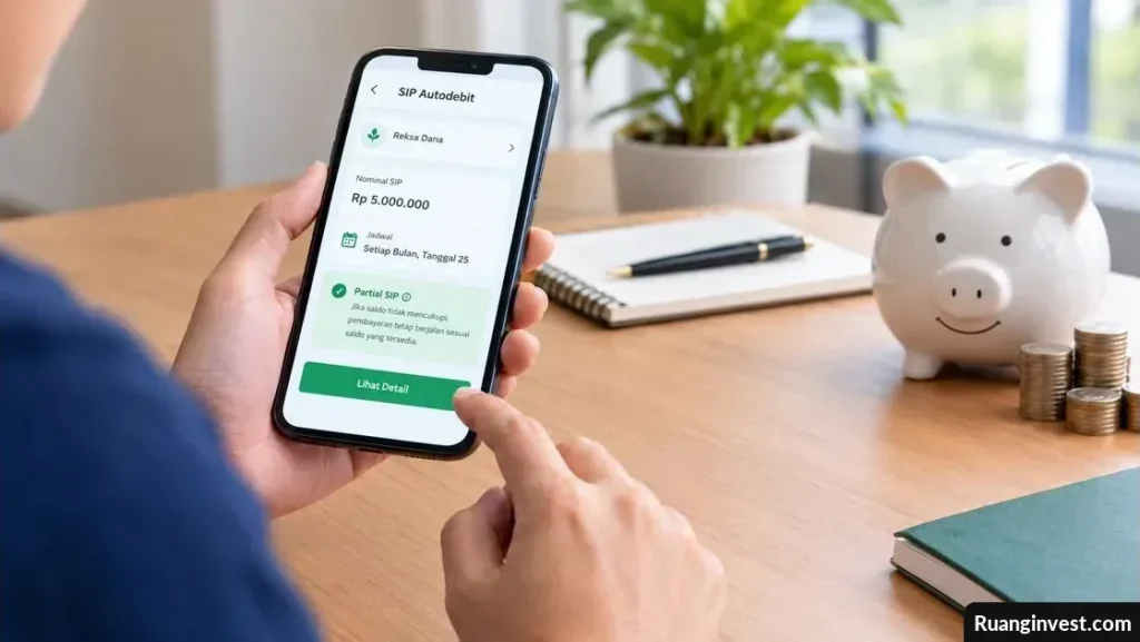 Seseorang mengecek fitur Partial SIP Autodebit melalui ponsel dengan celengan dan tumpukan koin di atas meja.