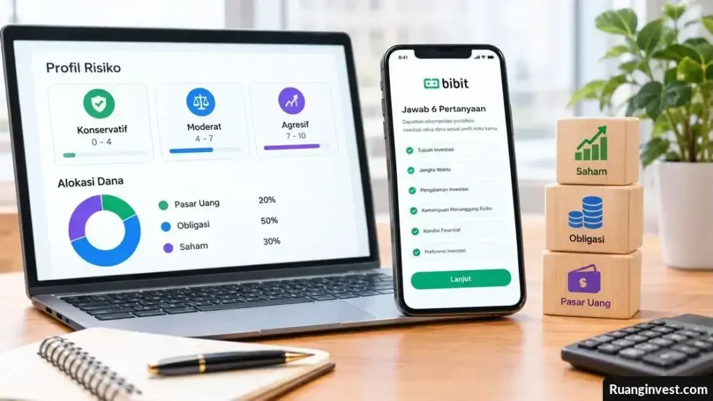 Laptop menampilkan kategori profil risiko dan alokasi reksa dana, dengan ponsel berisi simulasi pertanyaan Robo Advisor Bibit.