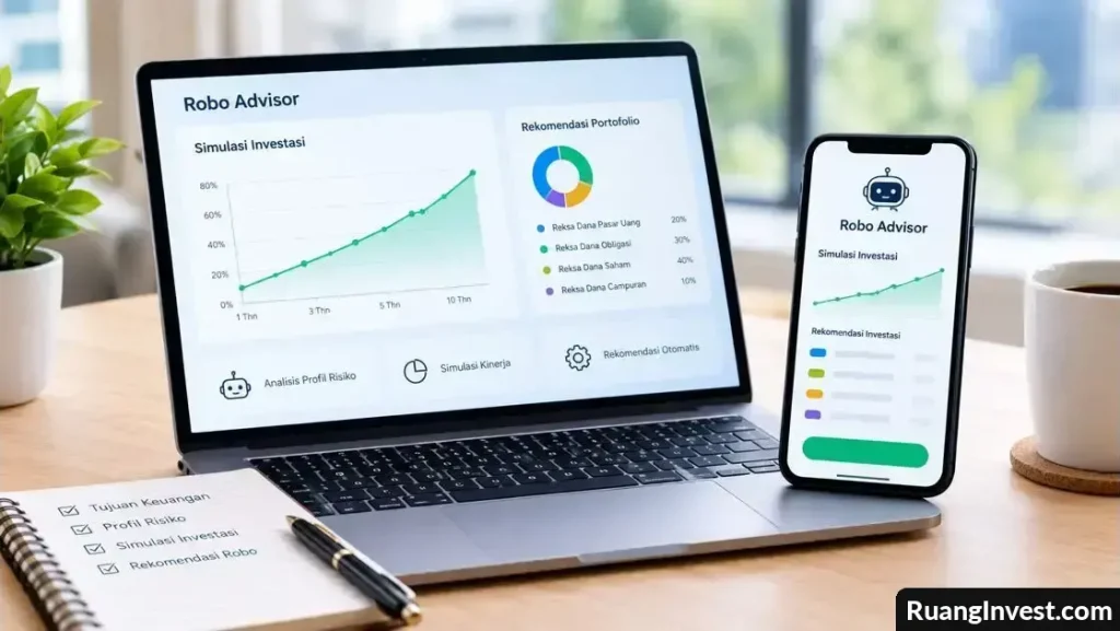 Laptop dan ponsel menampilkan grafik simulasi investasi serta rekomendasi portofolio Robo.