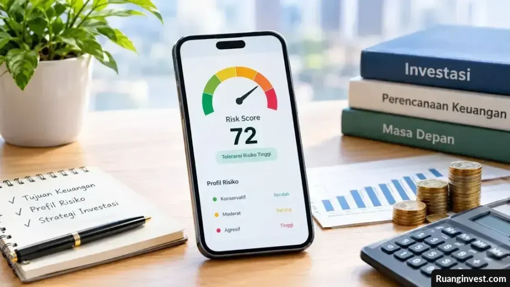 Ponsel menampilkan indikator Risk Score di samping grafik investasi dan tumpukan koin.