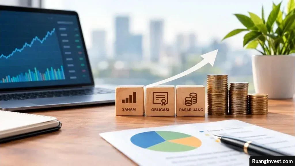 Laptop dengan grafik investasi, tumpukan koin, dan ilustrasi pembagian aset saham, obligasi, serta pasar uang.