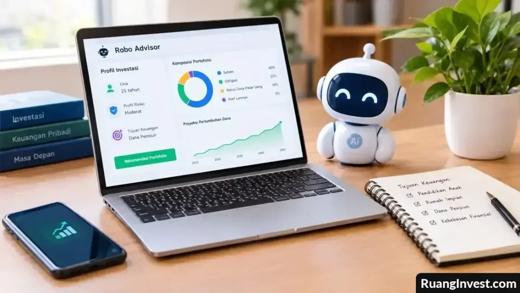 Laptop menampilkan rekomendasi portofolio investasi otomatis di samping robot digital dan catatan tujuan keuangan.