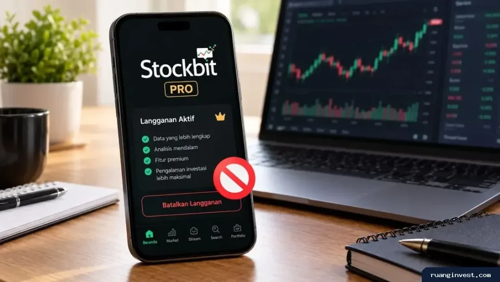 Ponsel menampilkan layanan Stockbit Pro dengan simbol larangan pembatalan langganan di depan laptop berisi grafik saham.