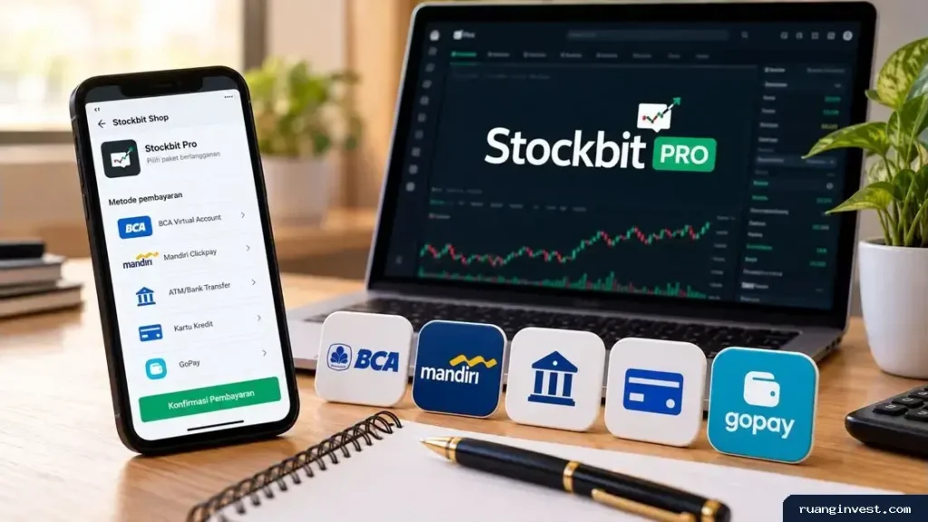 Ilustrasi laptop dengan grafik saham dan ponsel berisi pilihan pembayaran langganan Stockbit Pro.