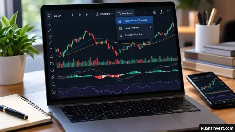 Laptop menampilkan grafik saham dengan indikator teknikal dan menu penyimpanan template Chartbit.