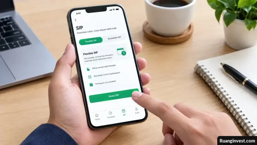 Tangan mengatur jadwal investasi reksa dana melalui fitur Flexible SIP pada aplikasi Bibit di ponsel.