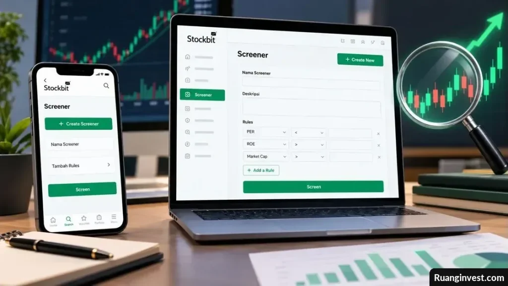 Laptop dan ponsel menampilkan fitur screener saham Stockbit dengan aturan penyaringan indikator investasi.