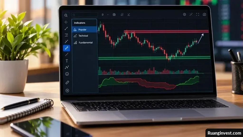 Laptop menampilkan grafik saham dengan garis support hijau, resistance merah, dan indikator teknikal.