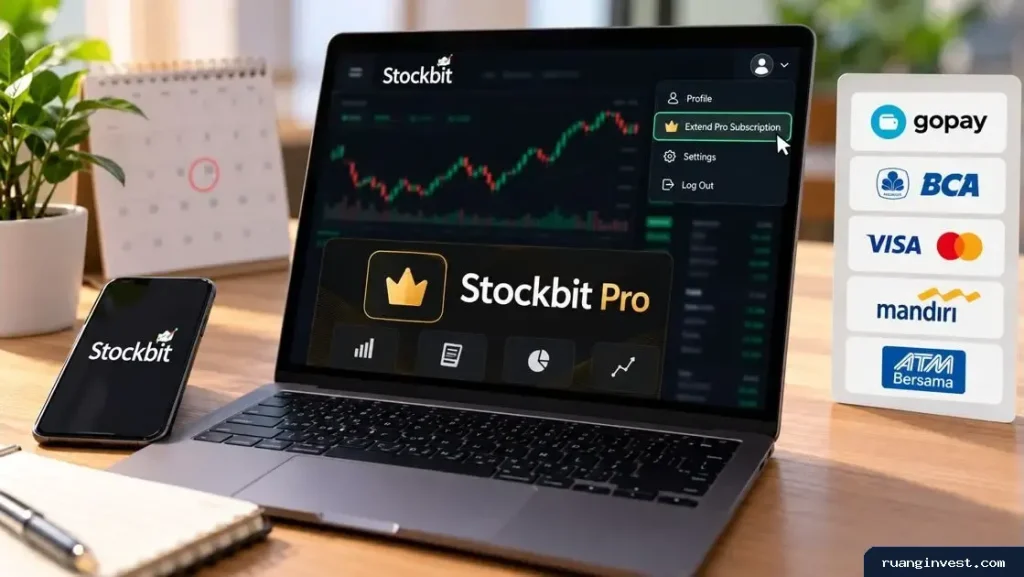 Laptop menampilkan menu perpanjangan Stockbit Pro dan pilihan metode pembayaran.