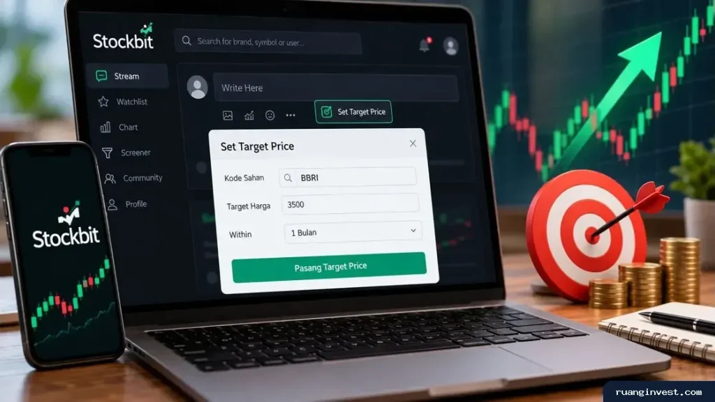 Laptop menampilkan fitur Set Target Price Stockbit dengan grafik saham dan sasaran harga.