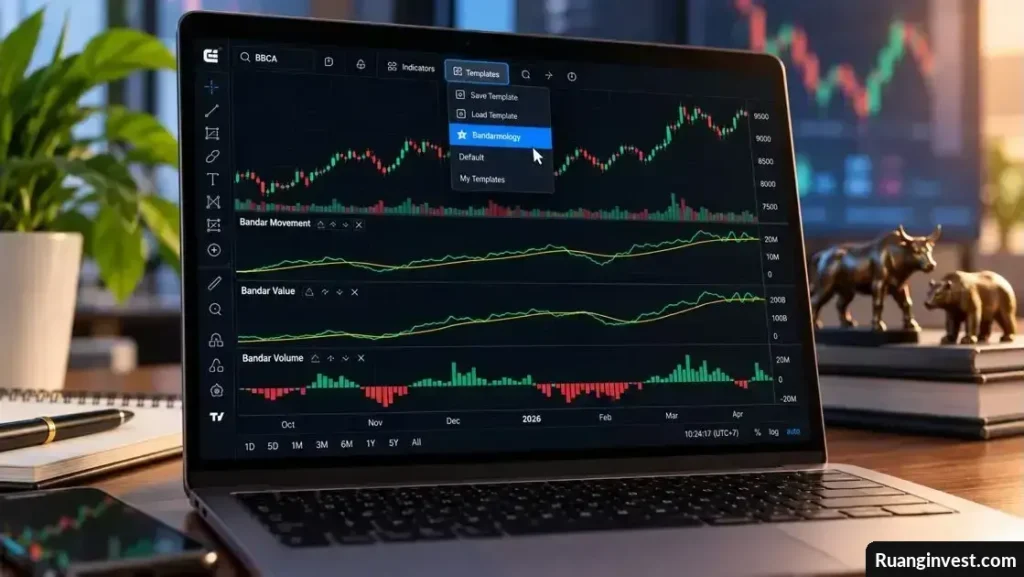 Laptop menampilkan grafik saham dengan indikator Bandar Movement, Bandar Value, dan Bandar Volume di Chartbit.
