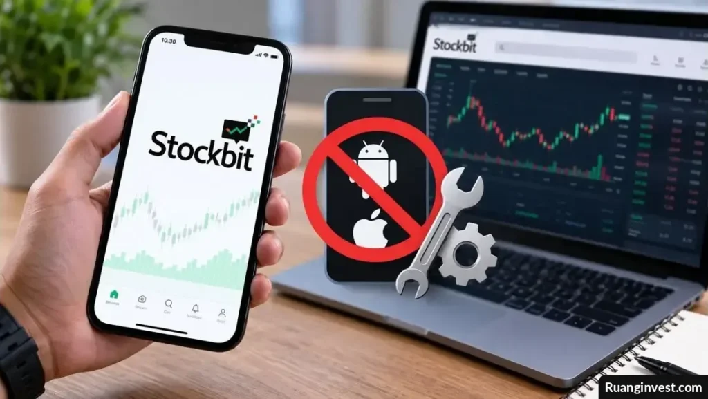 Ilustrasi smartphone dengan aplikasi investasi dan tampilan keamanan perangkat digital.