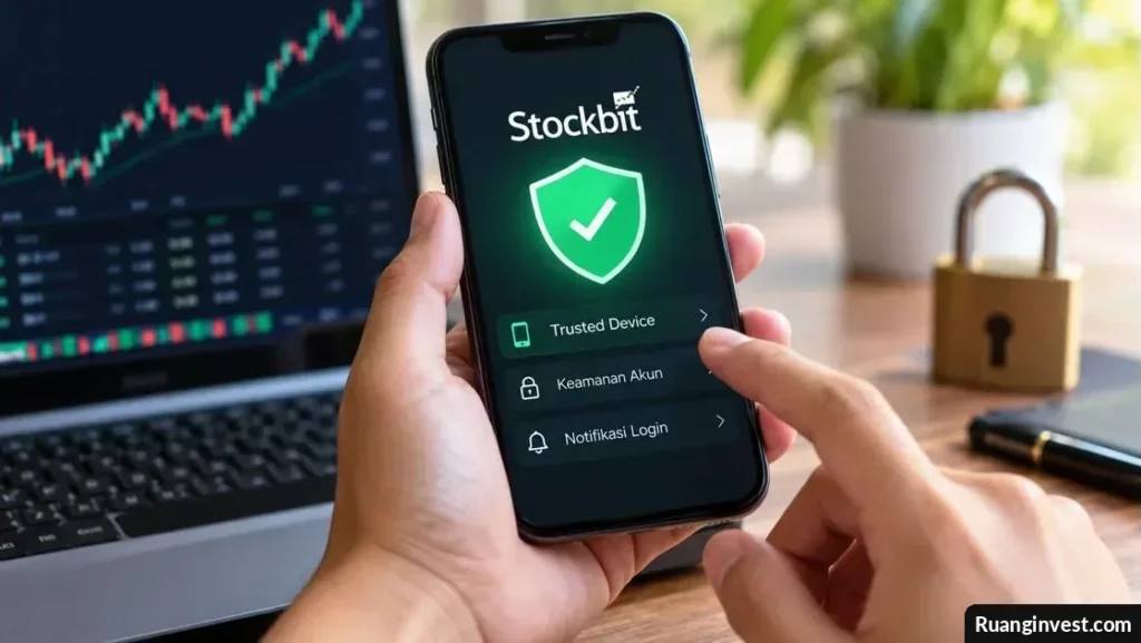 Ilustrasi ponsel dengan perlindungan keamanan akun investasi dan verifikasi login Stockbit.