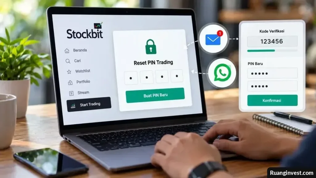 Ilustrasi pengguna mengatur ulang PIN trading Stockbit melalui laptop dengan tampilan verifikasi akun investasi.