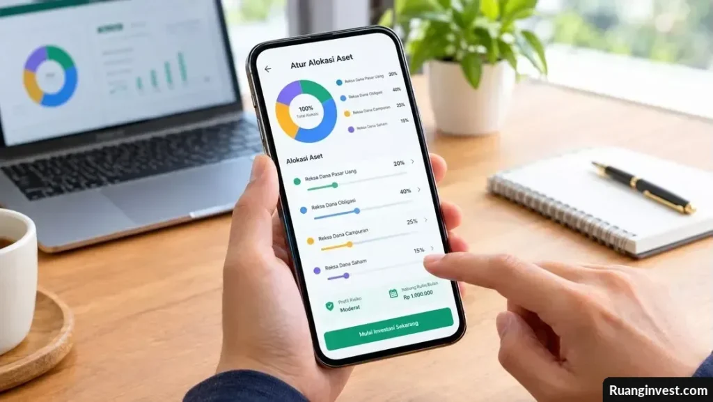 Ponsel menampilkan diagram pembagian portofolio investasi dengan beberapa bagian berwarna di samping balok simbol pertumbuhan keuangan.