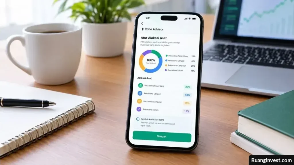 Smartphone menampilkan pengaturan persentase alokasi reksa dana pada Robo Advisor di meja kerja.