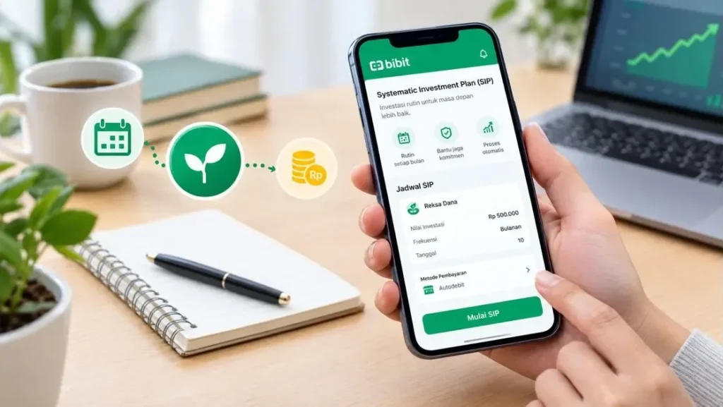 Tangan memegang ponsel dengan tampilan jadwal investasi reksa dana otomatis melalui fitur Autodebit SIP Bibit di meja kerja.