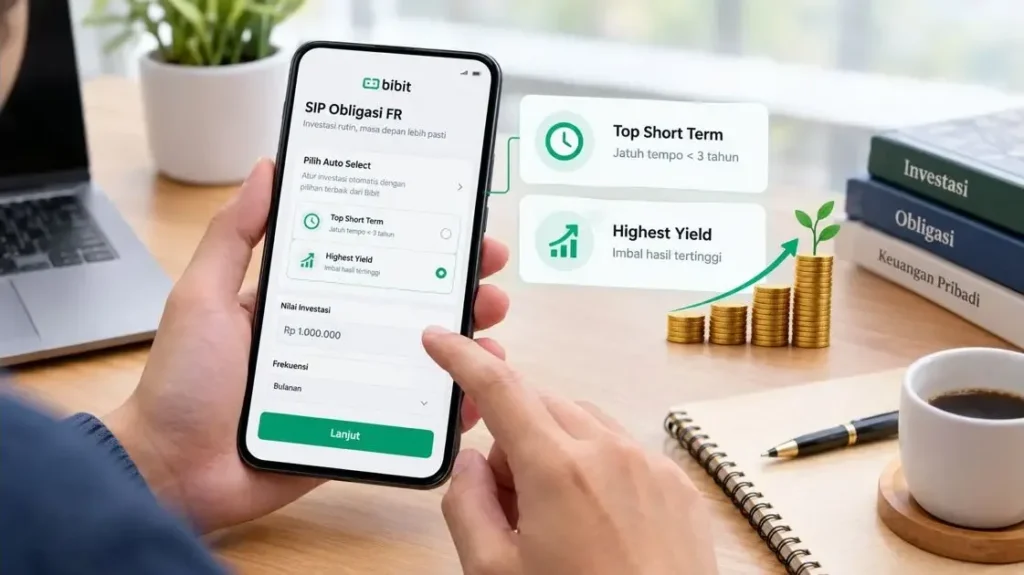 Tangan memegang ponsel dengan tampilan fitur SIP Obligasi FR Bibit, pilihan Top Short Term dan Highest Yield, serta ilustrasi pertumbuhan investasi.