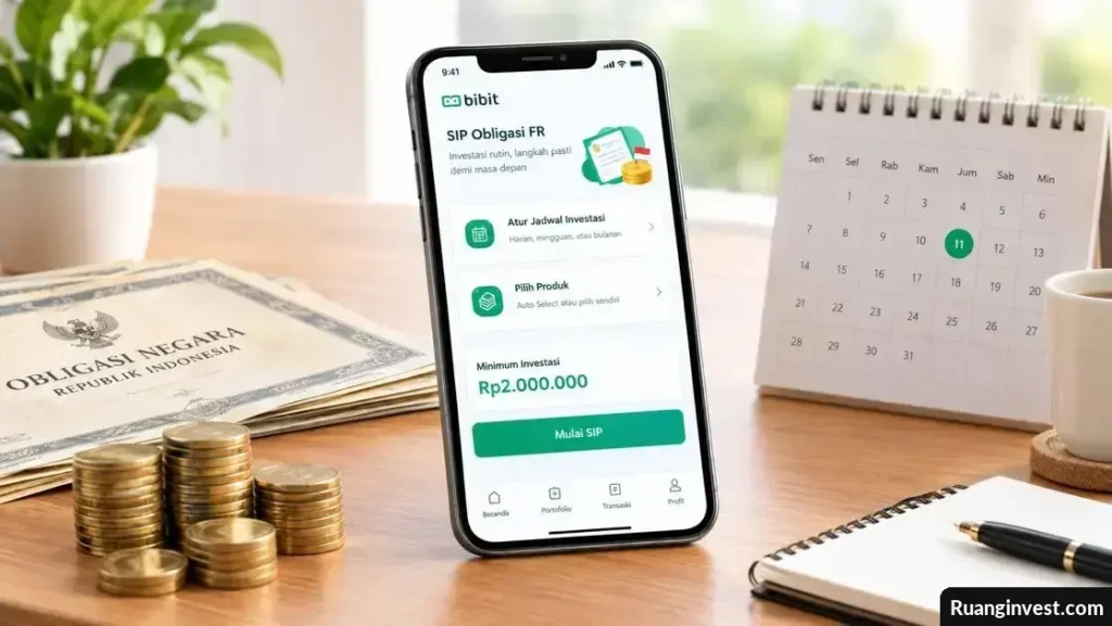 Ponsel dengan tampilan SIP Obligasi FR di aplikasi Bibit di atas meja bersama dokumen obligasi, tumpukan koin, dan kalender investasi.