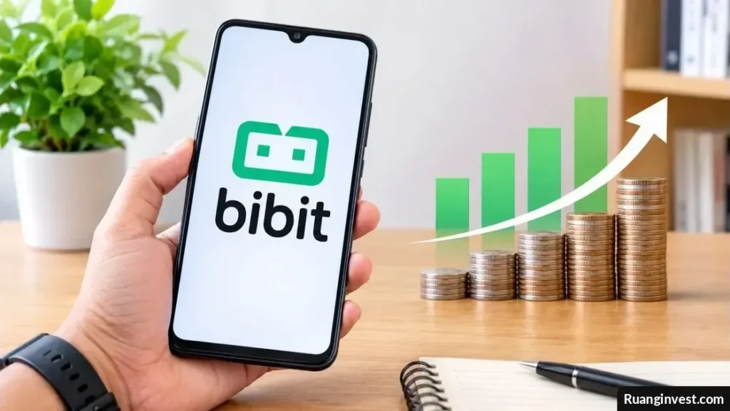 Tangan memegang ponsel dengan logo Bibit di samping tumpukan koin dan grafik pertumbuhan investasi.