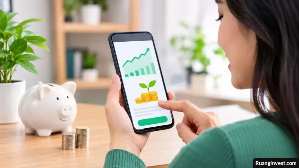 Investor pemula menggunakan aplikasi investasi di ponsel dengan grafik pertumbuhan, tumpukan koin, dan celengan putih di atas meja.