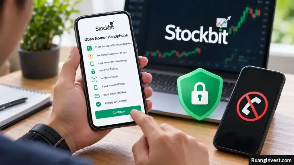 Ilustrasi pengguna mengajukan perubahan nomor HP Stockbit melalui proses verifikasi keamanan akun.