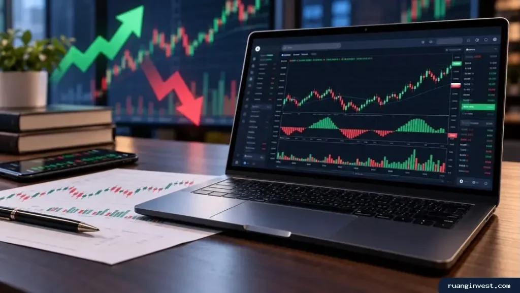 Ilustrasi layar analisis saham dengan grafik harga, volume perdagangan, dan aktivitas broker.